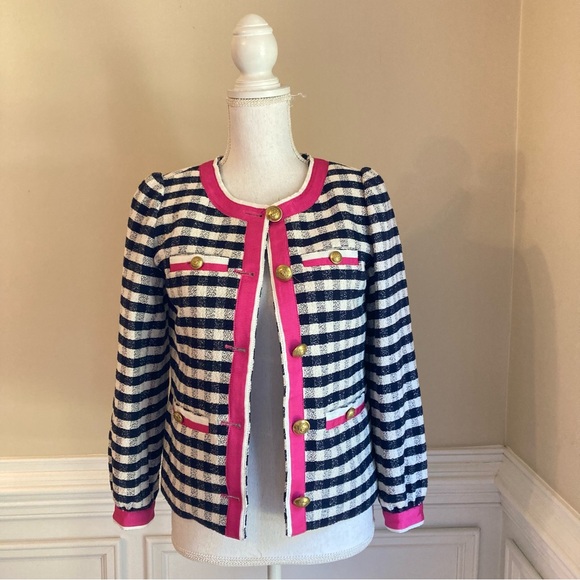 JCREW Navy Blue White Pink Gingham Check Plaid Ribbon Trim Lady Jacket Blazer - Picture 2 of 11